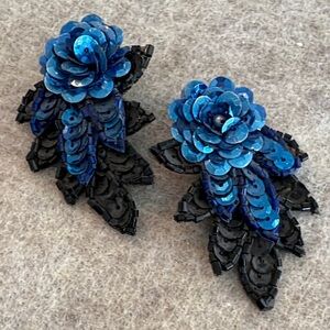 Vintage blue & black sequin lightweight earring New handmade pierced bugle trim